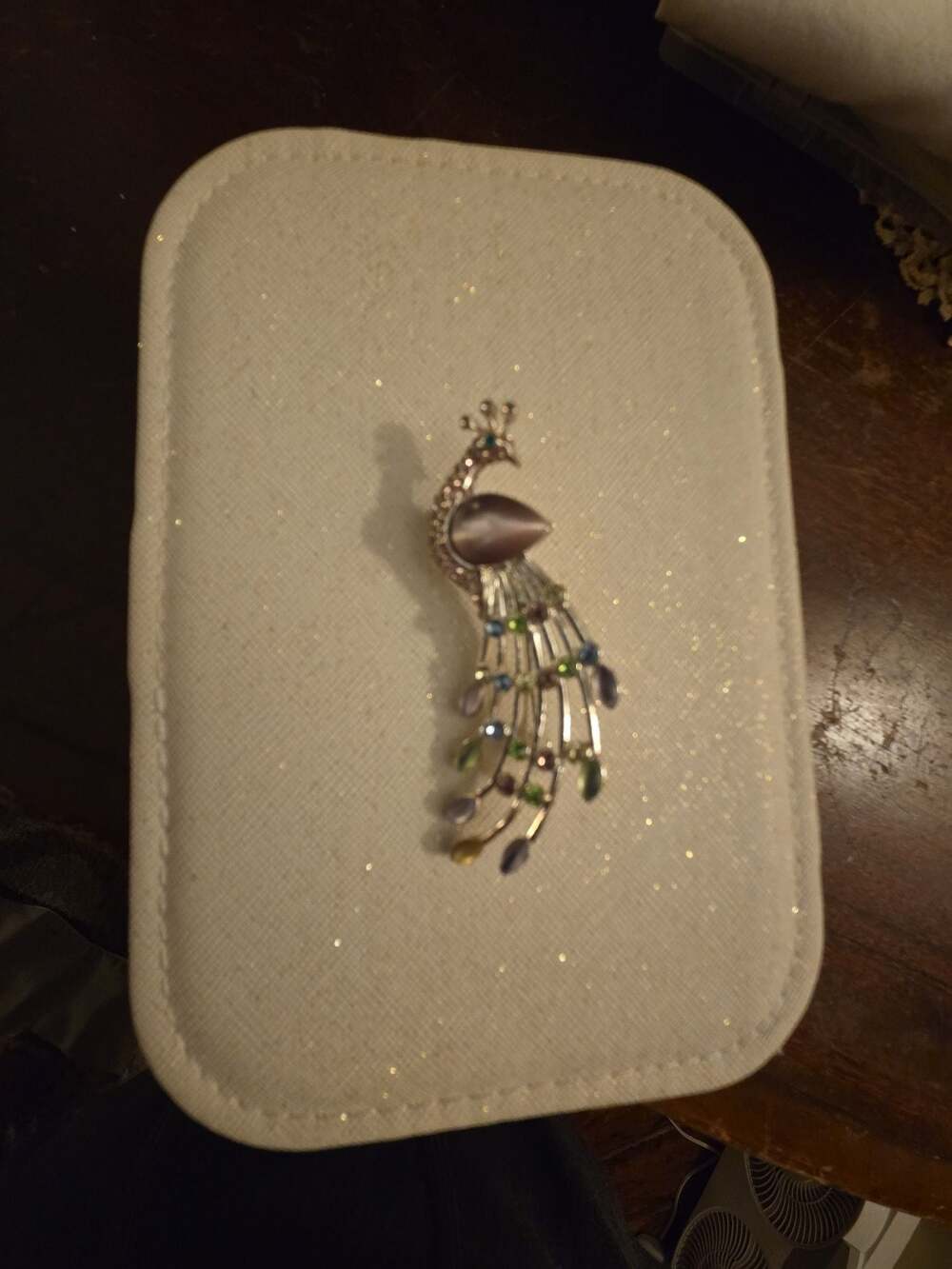 Silver Tone Peacock Brooch with Purple Cat's Eye Stone and Multicolor Rhinestone